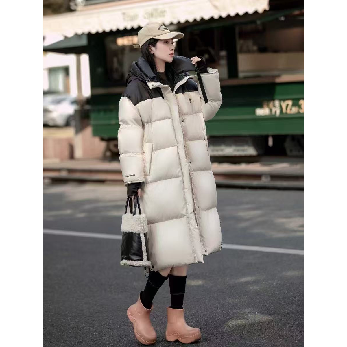 8801 M拼色羽绒服女冬中长款2025新款韩版宽松时尚休闲过膝外套