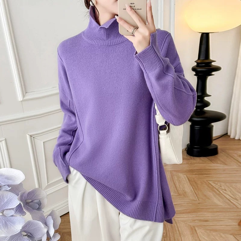 紫色不规则翻领宽松显瘦外穿针织毛衣女