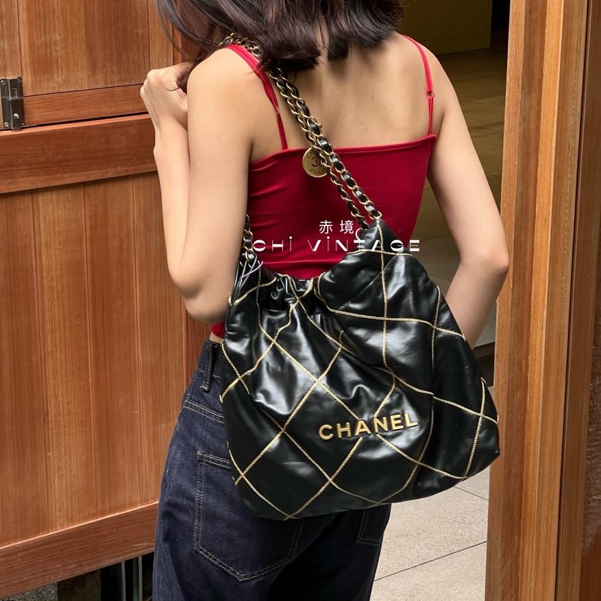 99新 Chanel/香奈儿 6491 黑金金丝23b限量22bag小号芯片款