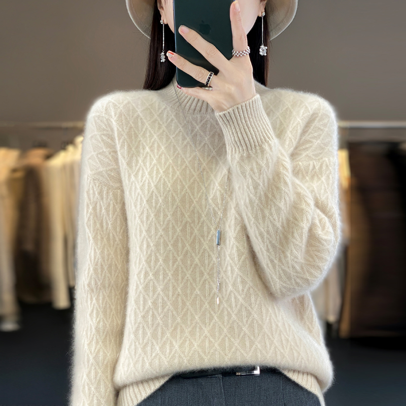 鄂家高端100羊毛时尚绞花半高领女士  DMR-121