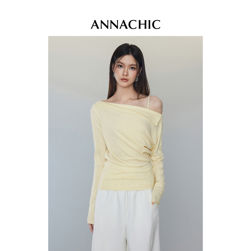 ANNACHIC黑色斜领露肩长袖T恤女春季新款纯欲风收腰性感辣妹上衣