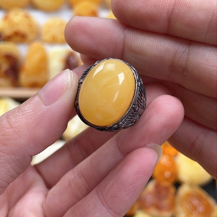 蜜蜡戒指银S925镶嵌蜜蜡