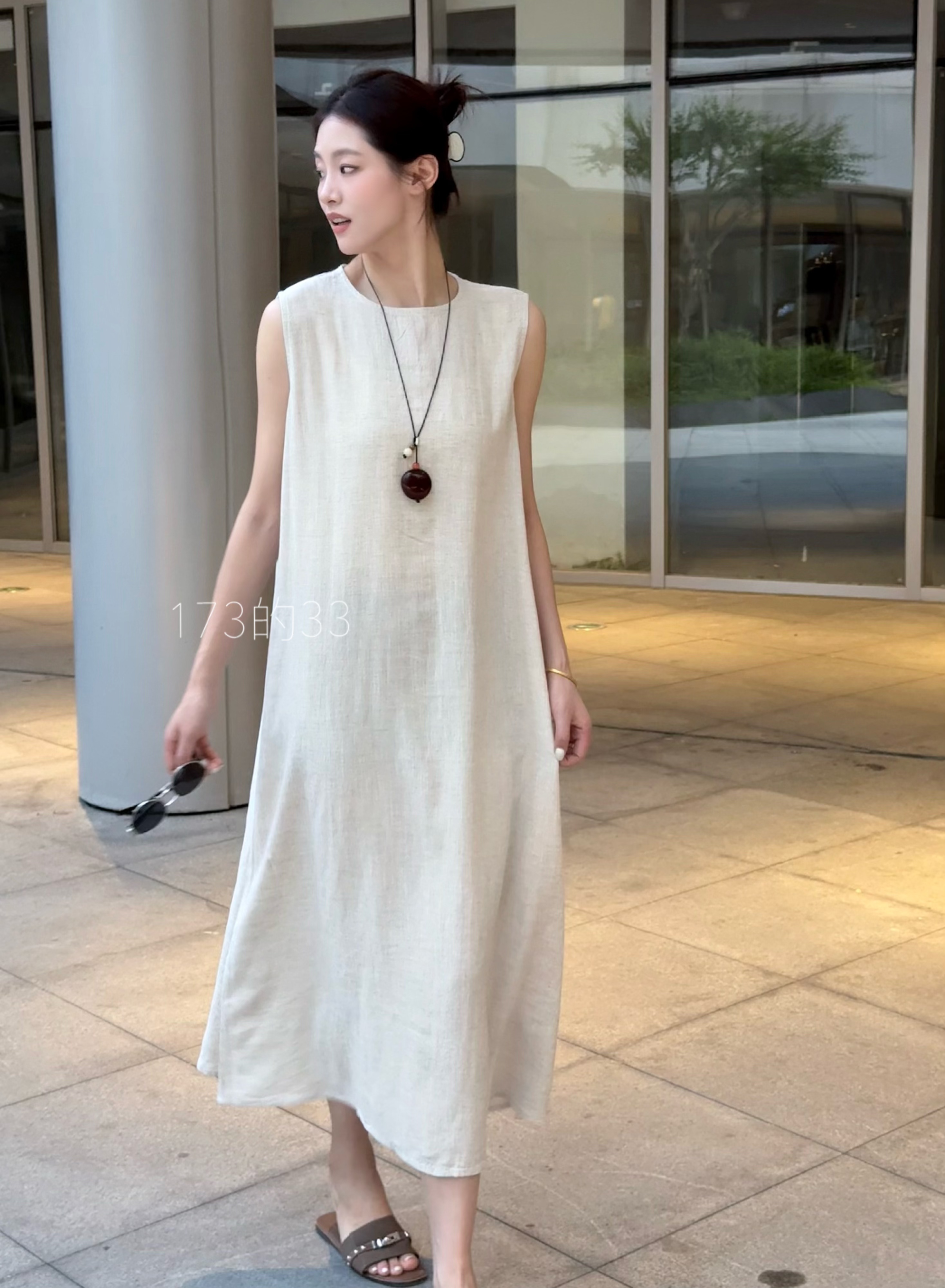 33【亚麻素裙】高个子穿搭 亚麻长裙纯色复古文艺背心裙连衣裙