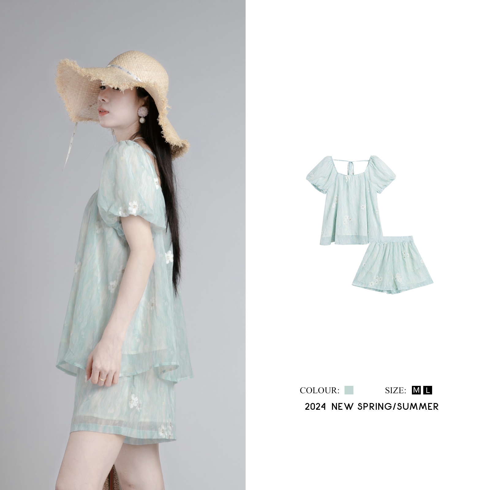 夏季通勤新款方领绿色花朵泡泡袖衬衫两件套女L592276