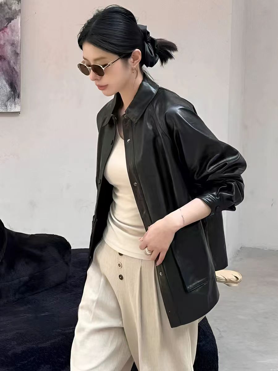 全植鞣绵羊皮真皮衬衫女2025秋宽松大码廓版中长款斗篷外套风衣
