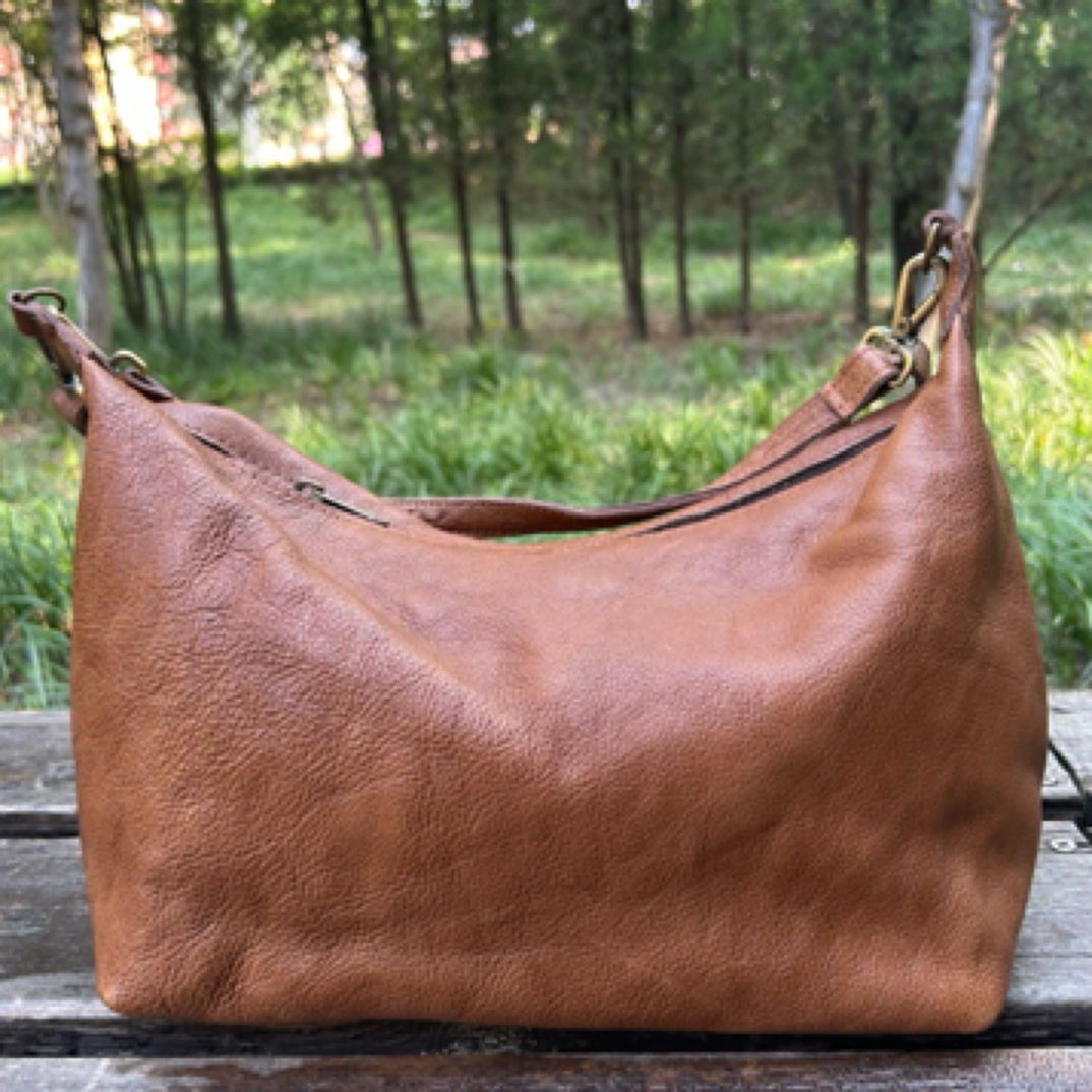 生皮Hobo肩包文艺单肩包布包文艺风耐脏拉链暗袋棕色