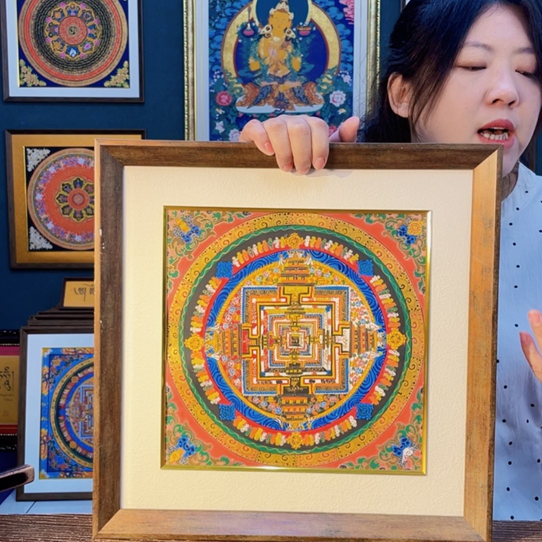 卷轴画手绘唐卡 时轮带框40厘米
