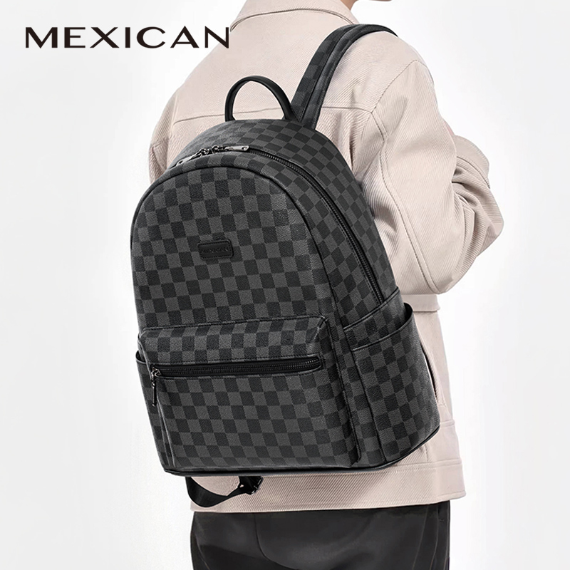 美式双肩包男复古格子上班大学生潮流大容量电脑商务书包旅行背包