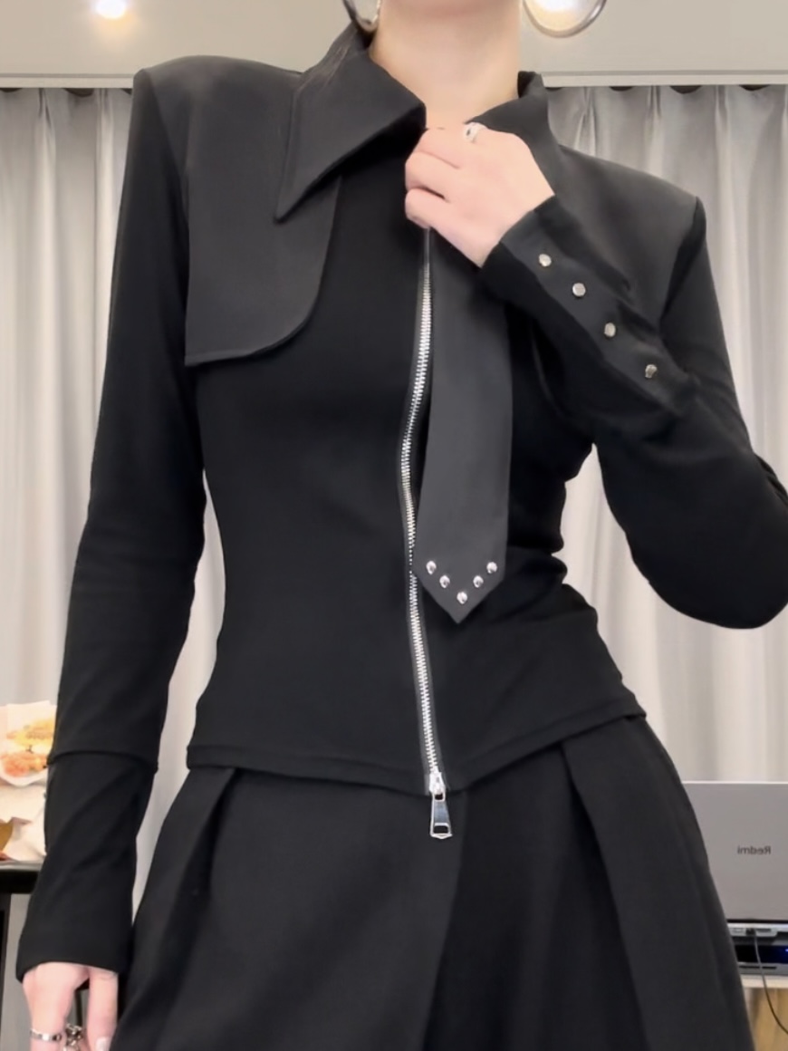 D2689秋冬黑色翻领衬衫女长袖金属装饰领带御姐设计别致衬衣上衣