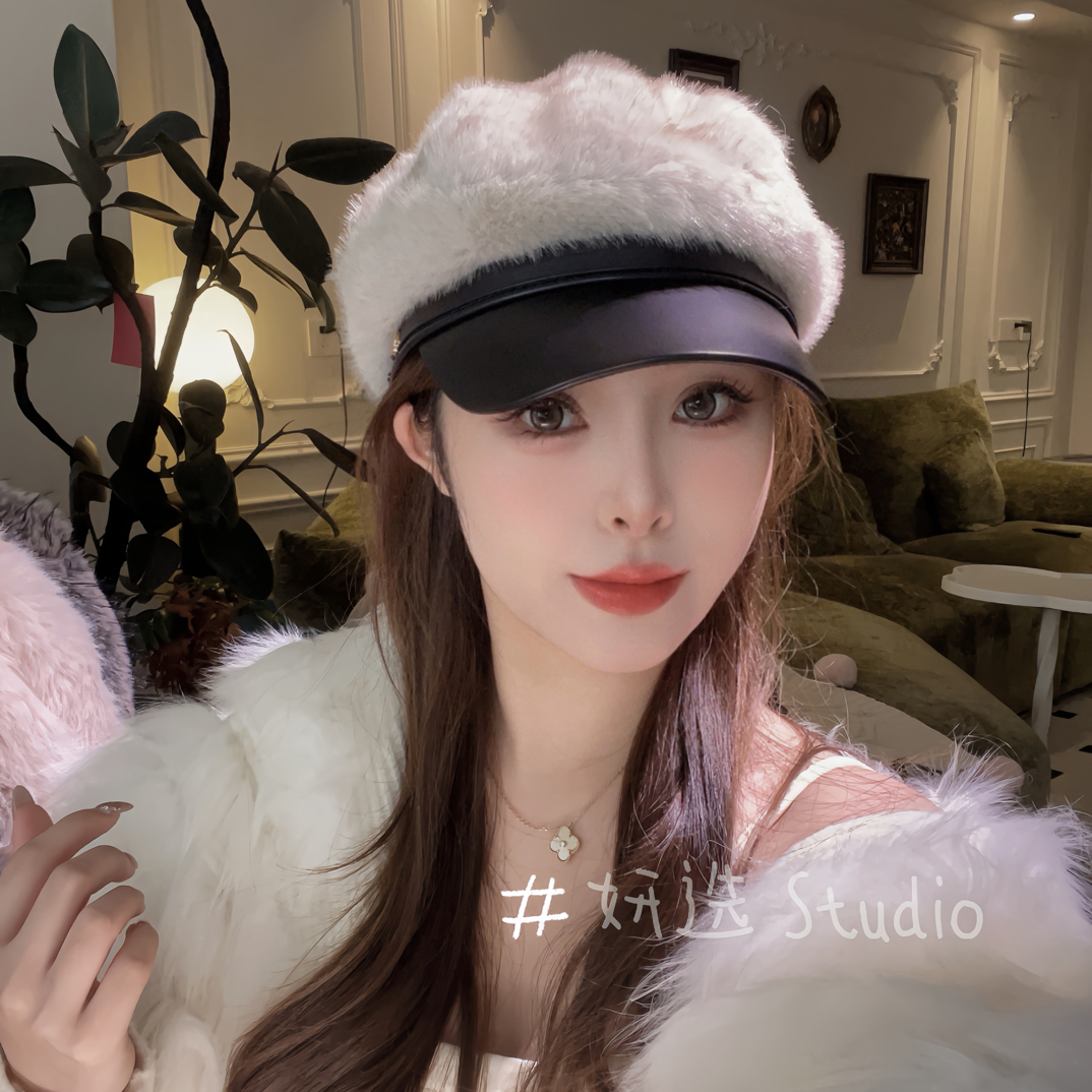 【黛西小姐】秋冬新款显脸小毛毛报童画家帽大头围保暖毛绒八角帽子