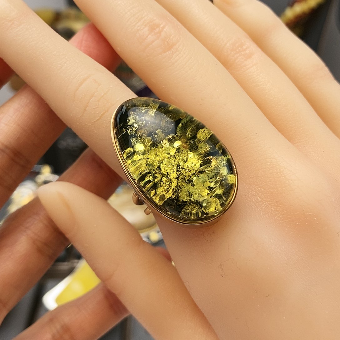 琥珀裸石银S925镶嵌戒指