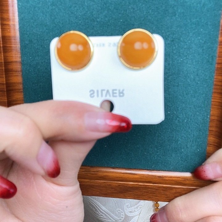 蜜蜡耳饰银S925镶嵌耳钉