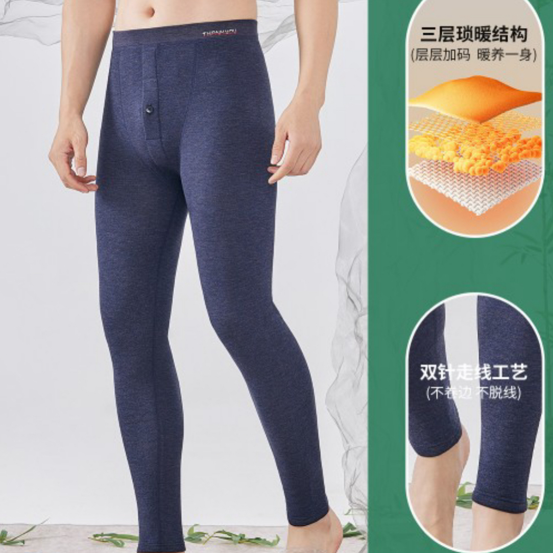 2537-1男士条纹驼绒三层织片莱赛尔加厚高腰过冬款保暖裤