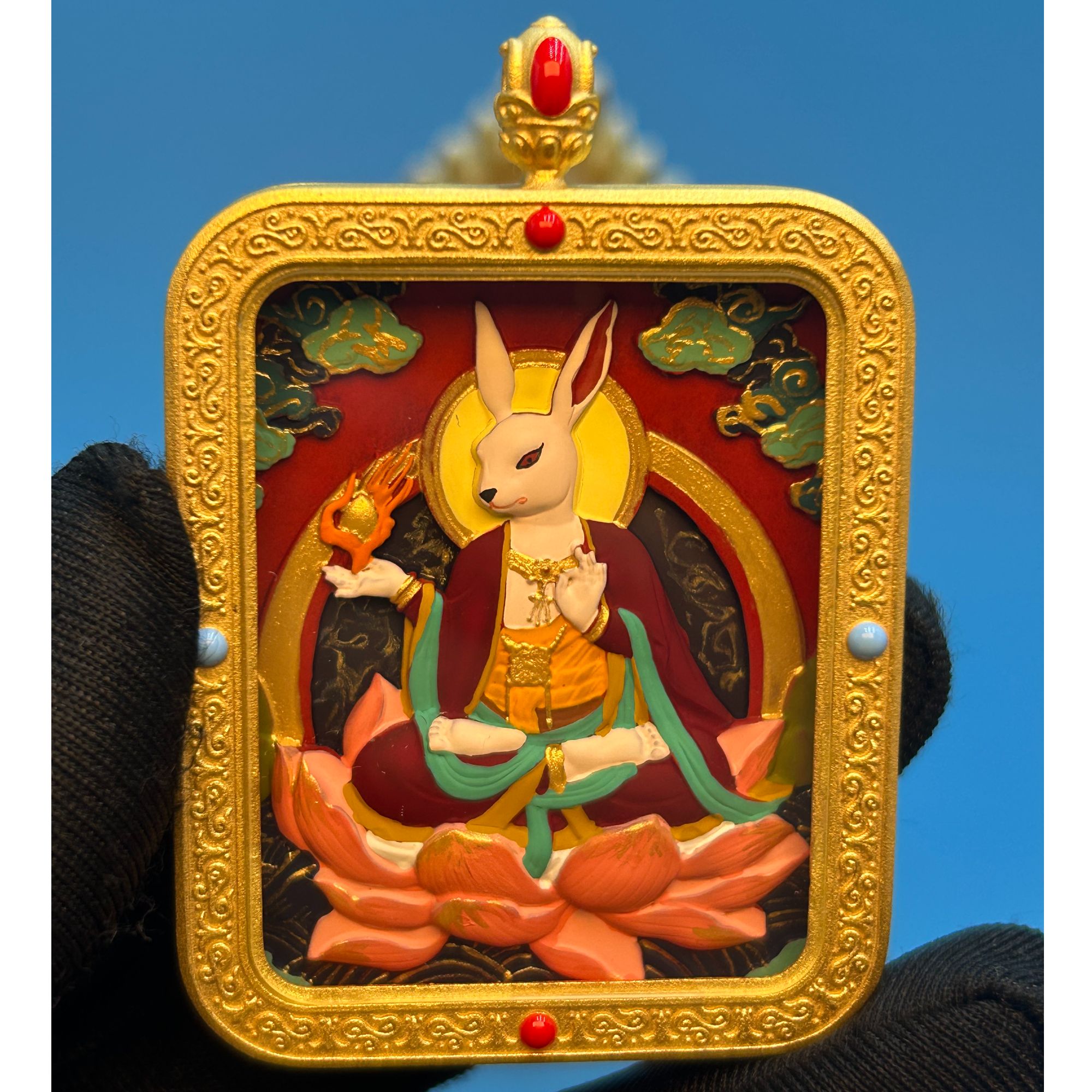 唐卡金色玲宝朱砂彩绘擦擦  兔爷