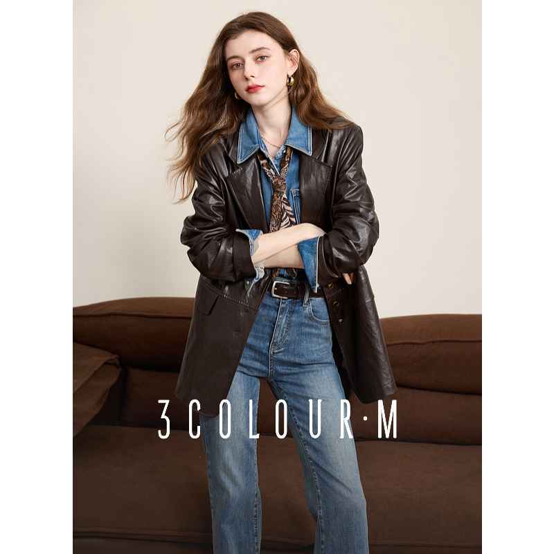 【大叔专享】D401XM10TW00三彩2025春季西装皮衣外套油蜡感Pdbx