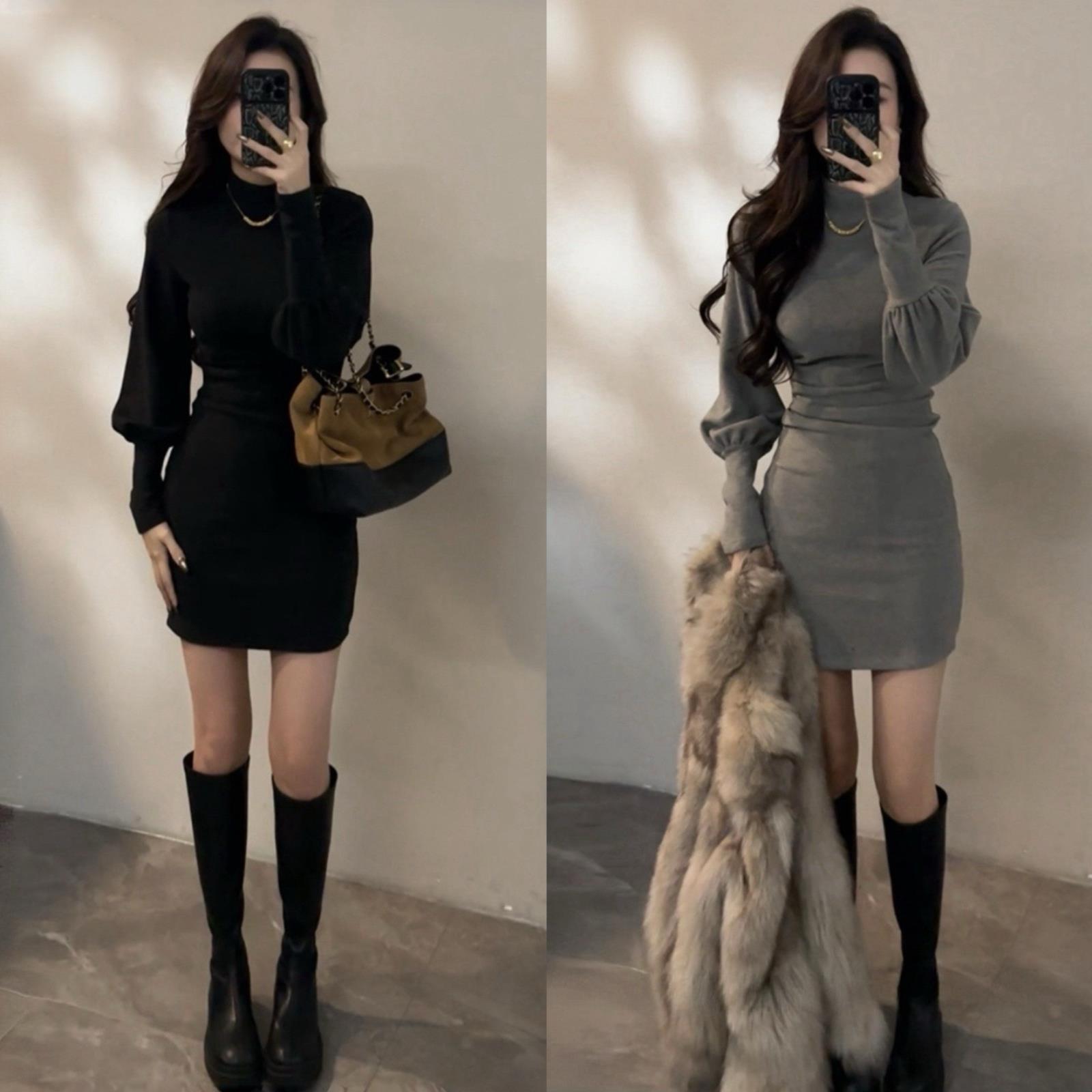 【大婷婷】复古冬季灯笼袖半高领连衣裙秋冬配大衣裙子褶皱收腰短裙