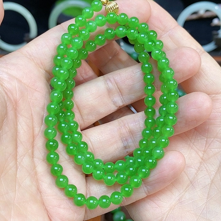 和田玉手链未镶嵌@**劳G1275苹果绿多圈颜色微差