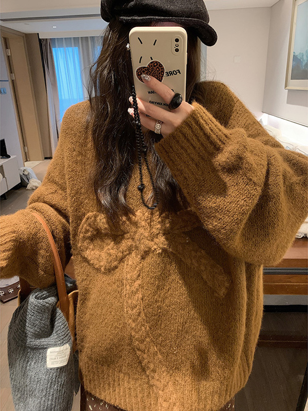 灰色立体蝴蝶结毛衣女2025秋冬新款宽松慵懒圆领软糯针织休闲上衣