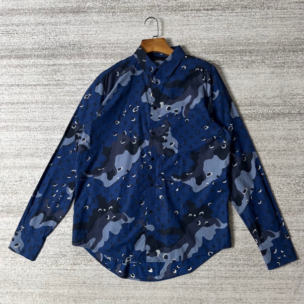 99新 LouisVuitton/路易威登 蓝迷彩三花满印长袖衬衫/XXL码#6023
