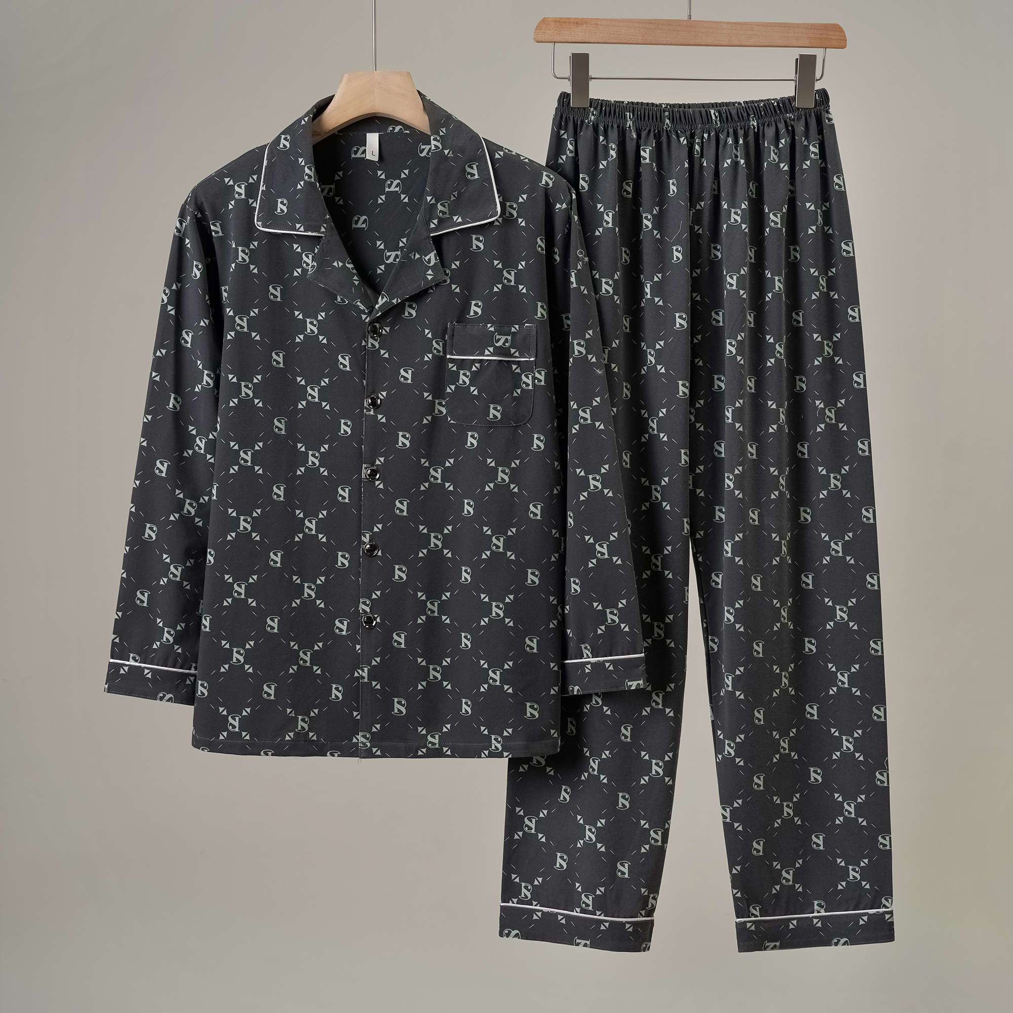字母菱形格子睡衣男长袖春秋冬季薄款中青年显年轻家居服两件套