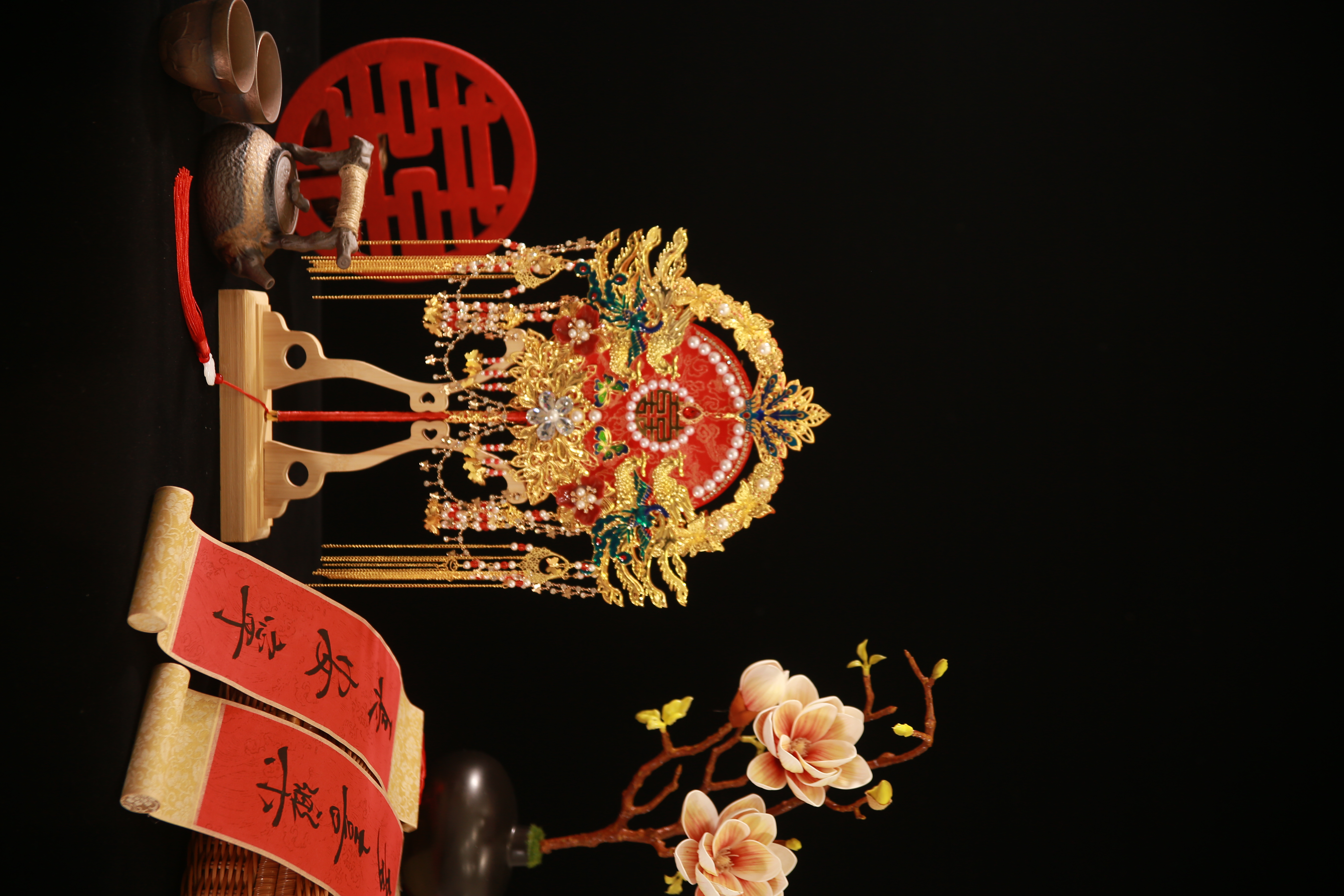 重工中式新娘结婚喜扇双面红色团扇成品