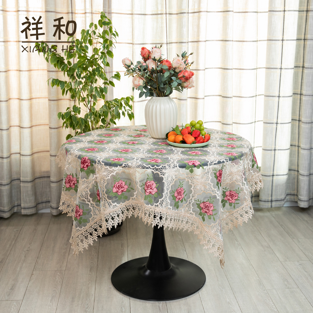 A001-11丝光线（140*140CM方）米色仿手工十字绣牡丹花盖巾