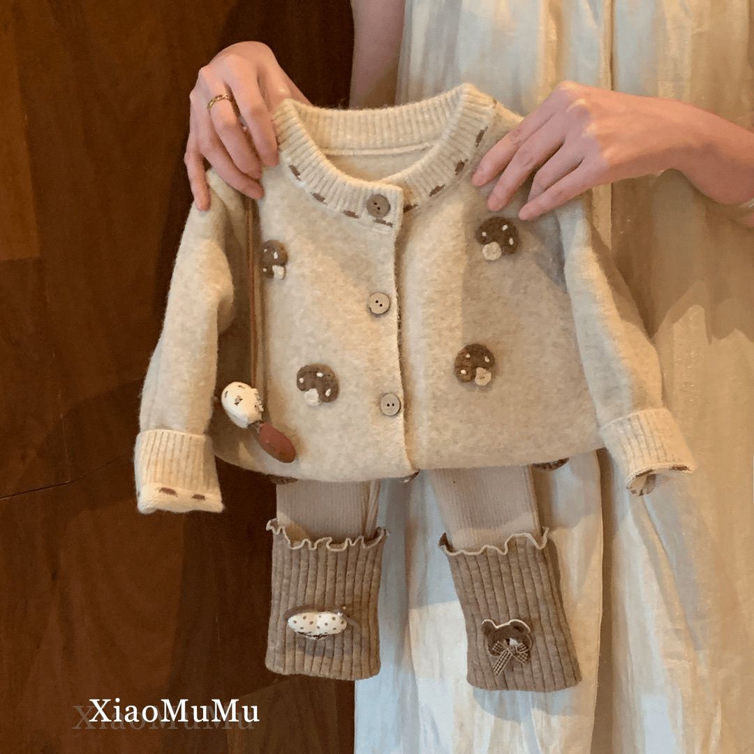 女童春秋套装2025新款女宝宝秋季洋气网红毛线外套打底裤两件套潮