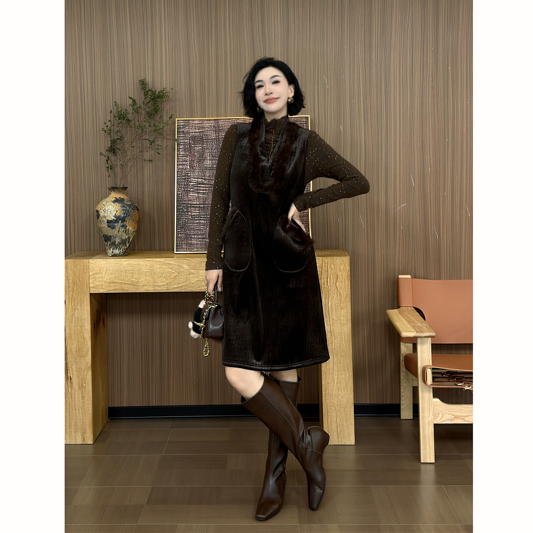SONG-原创【雾岛听风】冬季加厚保暖‘兔毛’优雅显瘦连衣裙