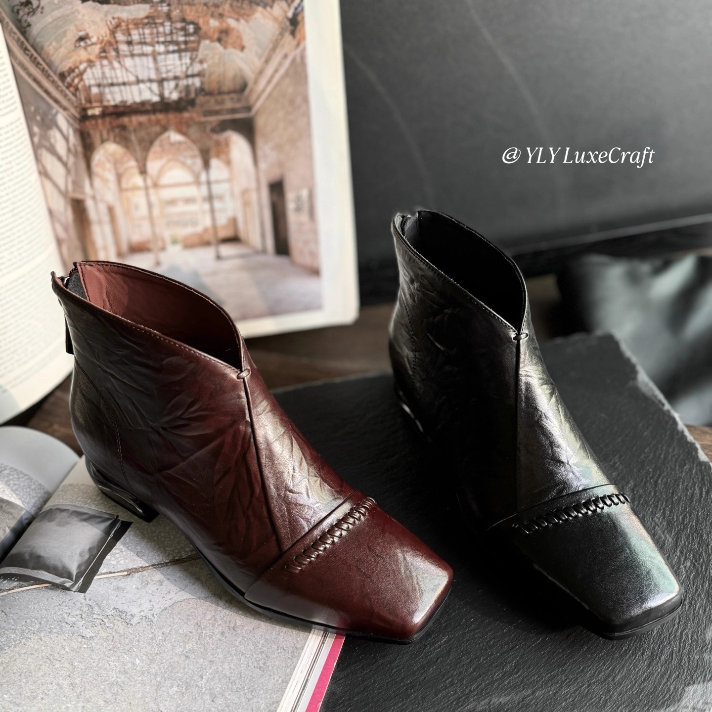 1680-2秋冬季短靴女2025新款粗跟低跟后拉链真皮方头百搭短靴子