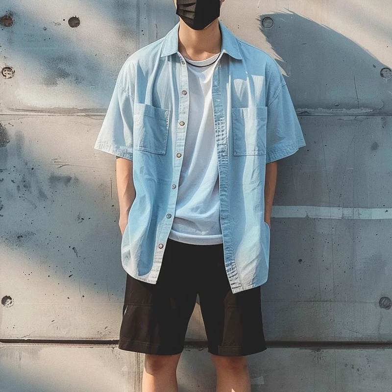 [老钱风] 对襟短袖夏季翻领三防弧形袋衬衫外套薄款韩版日系