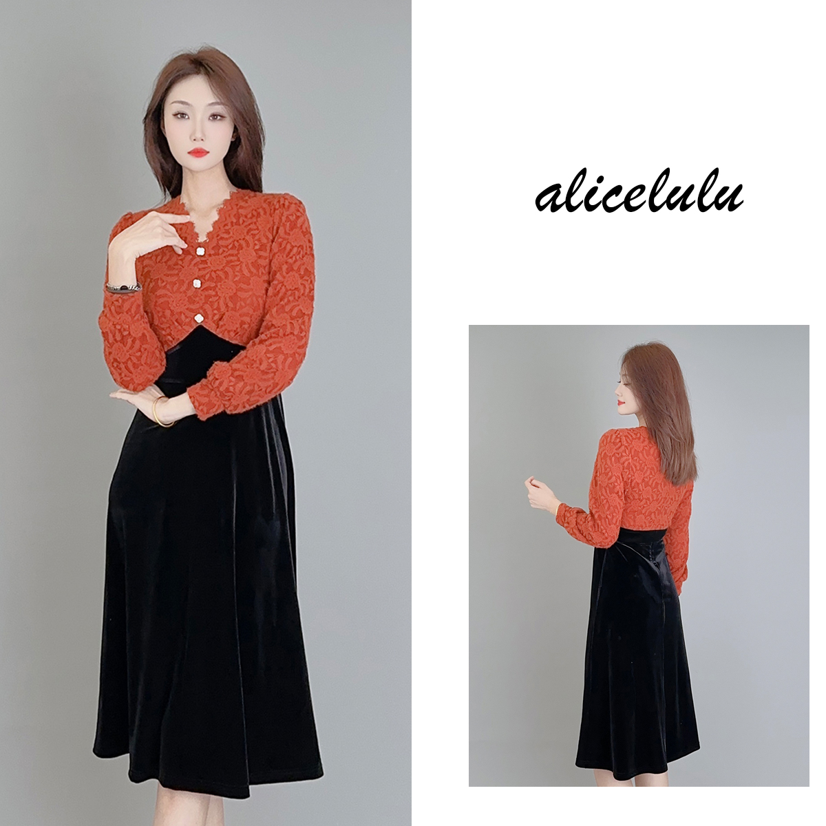 alicelulu 绒绒橘调通勤连衣裙 磨毛蕾丝 优雅拼接 S1032637Q