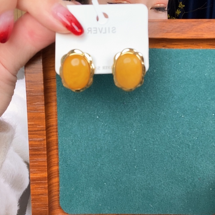 蜜蜡耳饰银S925镶嵌耳钉