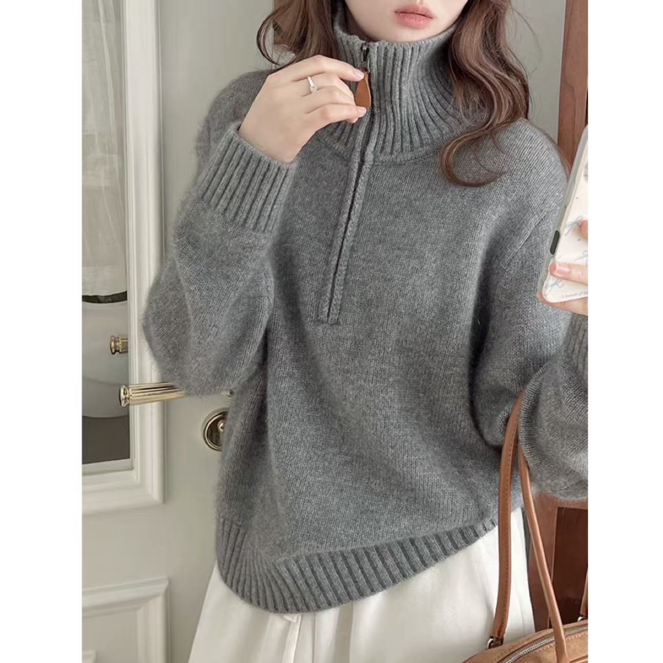 【高领拉链衫】纯色高领冬季保暖浣熊半开拉链针织衫2367