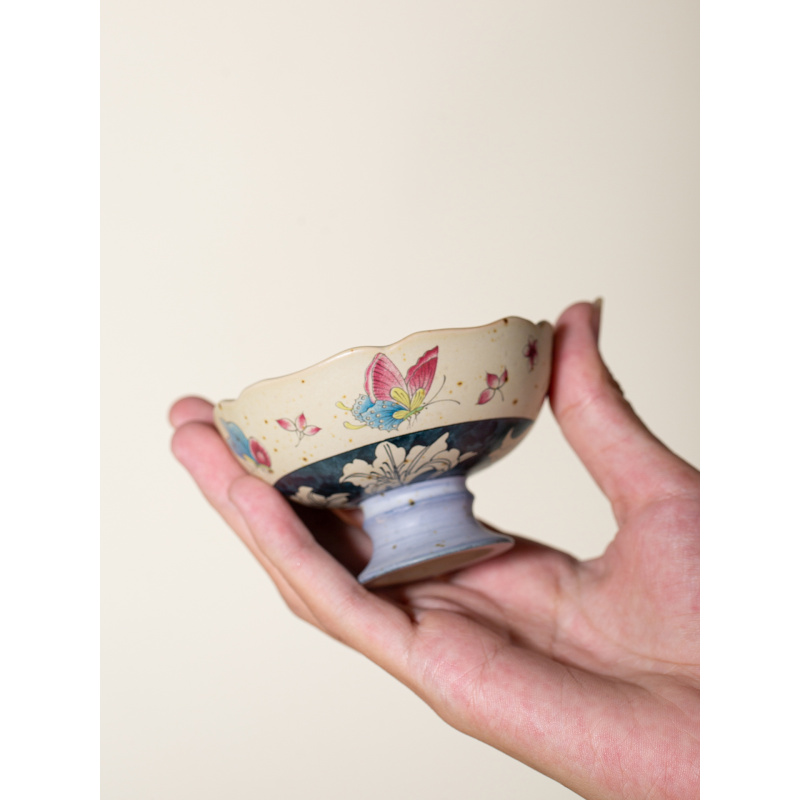 亘古火石百合蝶恋花高足杯陶瓷茶杯家用中式茶具复古泡茶器主人杯