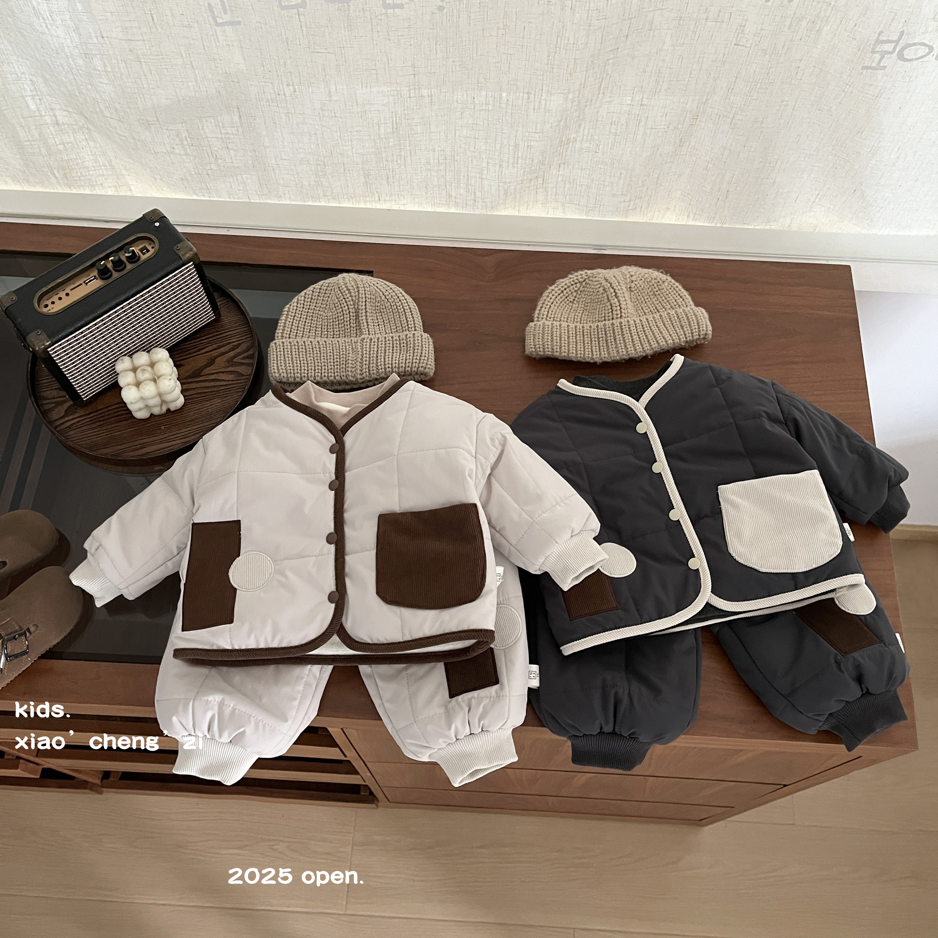 T25D123冬季几何面套装男女婴幼儿单排扣贴布款宝宝套装休闲百搭