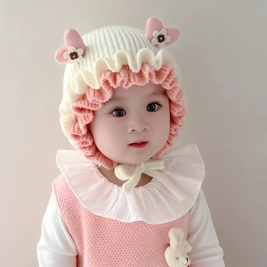 女宝宝帽子秋冬毛线帽婴儿冬天加厚保暖公主女童花边护耳帽婴幼儿
