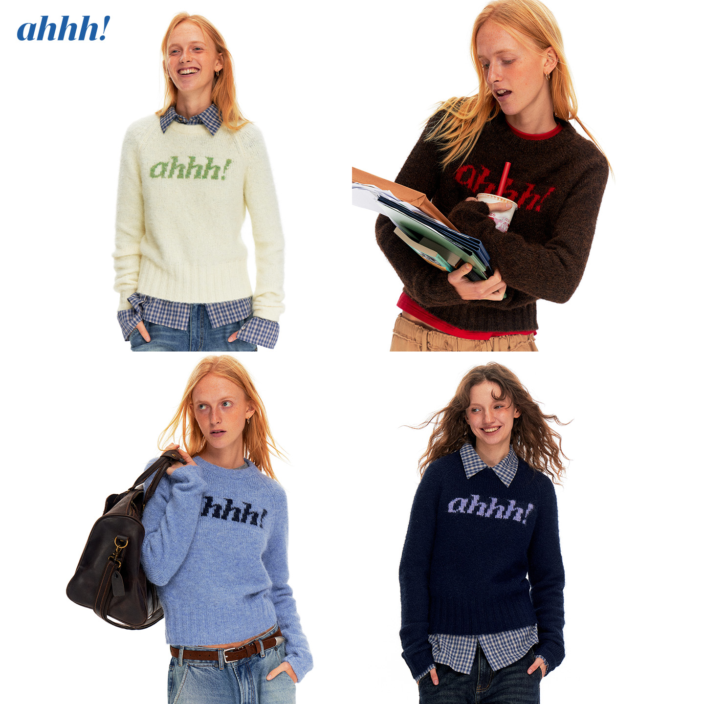 Ahhh 美式经典圆领复古拼接撞色logo慵懒修身针织长袖毛衣上衣