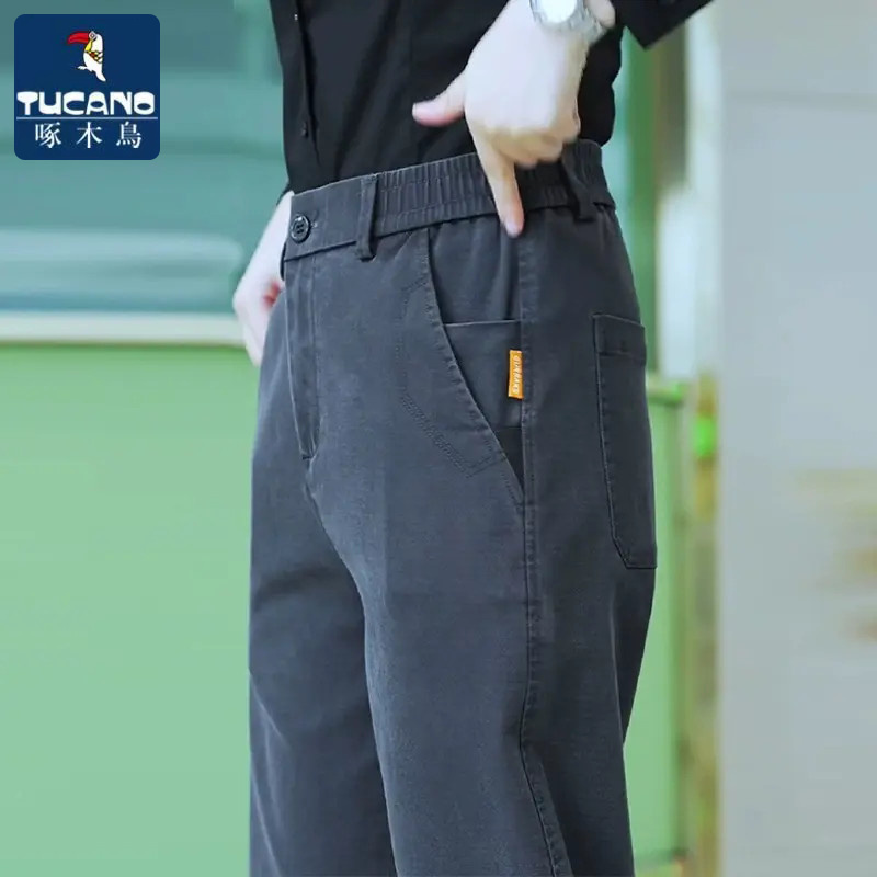 啄木鸟休闲裤男春秋季2025年新款中年男士莱赛尔天丝宽松直筒裤子