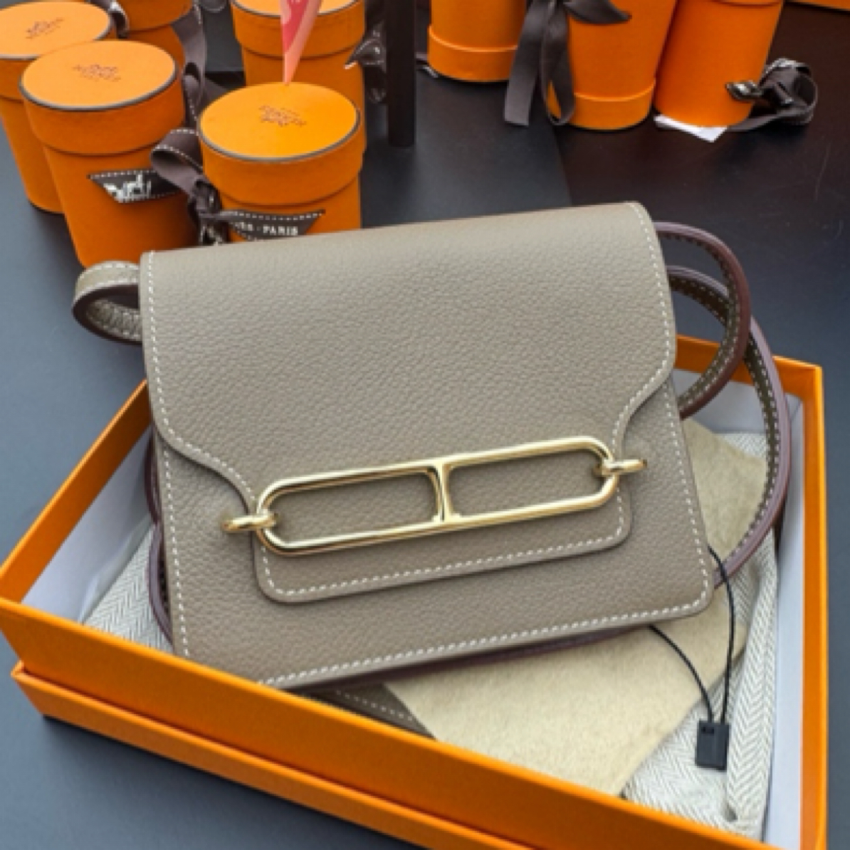 99新 Hermes/爱马仕 Roulis Slim猪鼻子  大象灰金扣B刻