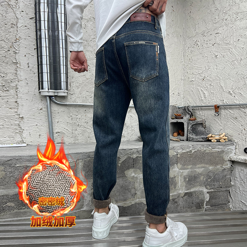 加绒加厚冬季男士复古蓝休闲牛仔裤小直筒韩版百搭潮流弹力裤子