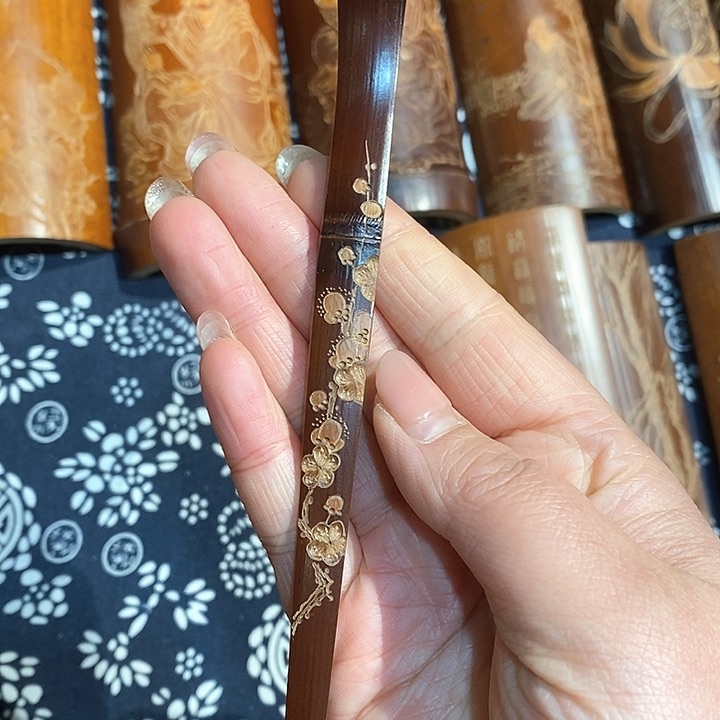 老煤竹手工雕刻精品茶拨梅花