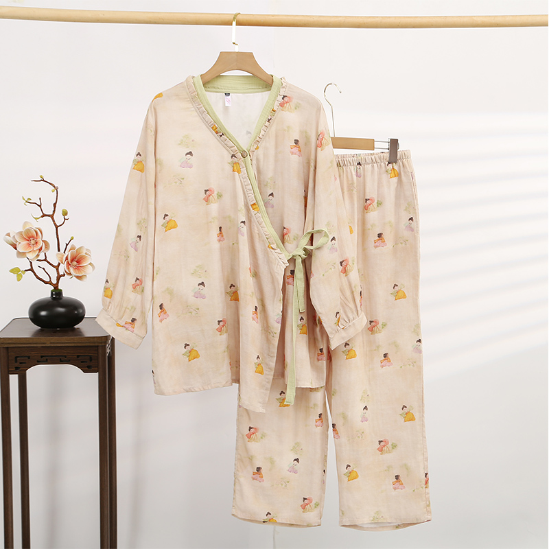 春秋季汉服睡衣女加大码胖MM200斤纯棉双层纱孕妇产后哺乳家居服