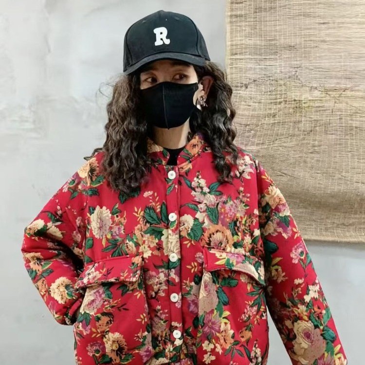 868#印花大码复古碎花棉外套花色棉衣加绒保暖韩版棉服