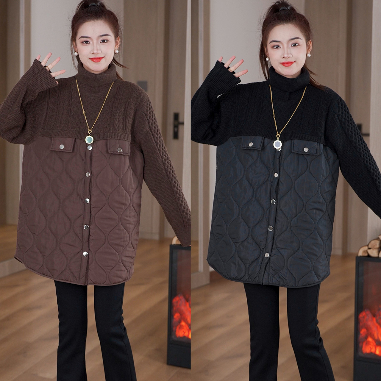 冬季新款 时尚高领毛衣拼接假两件加厚中长款棉衣宽松洋气棉服