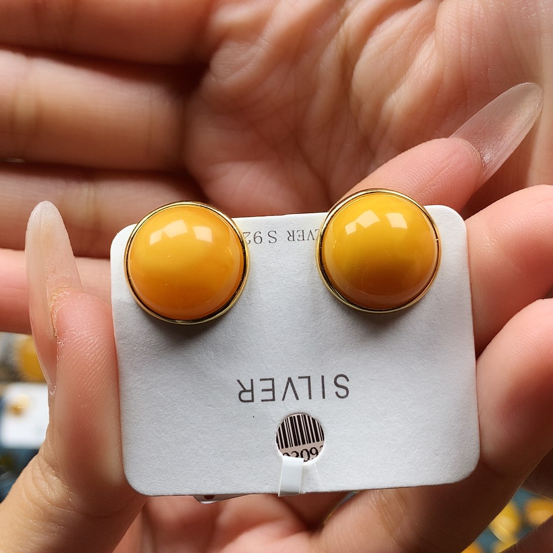 蜜蜡耳饰银S925镶嵌耳钉