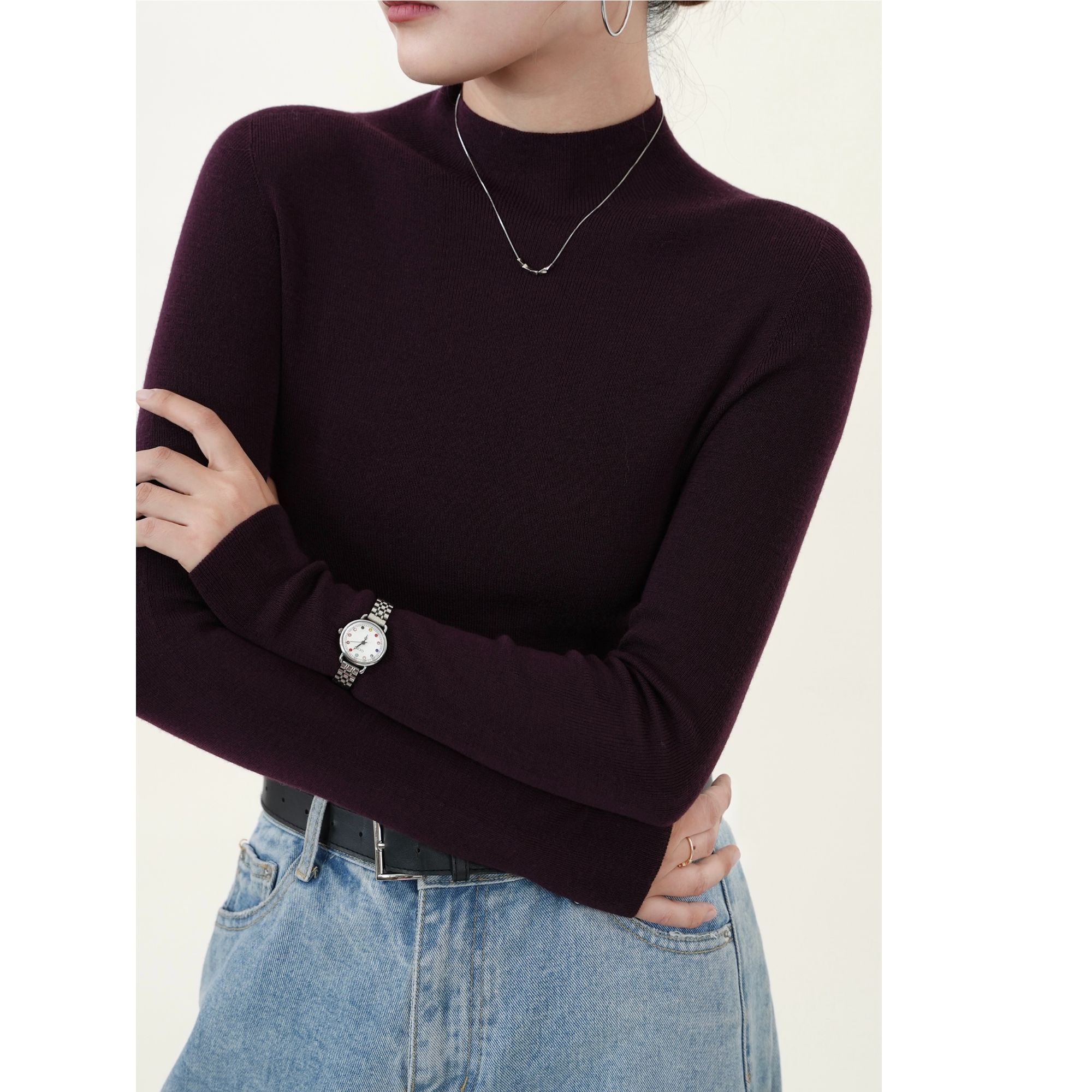 100%精纺羊毛衫60支半高领可机洗新澳纱线无缝一体女1016