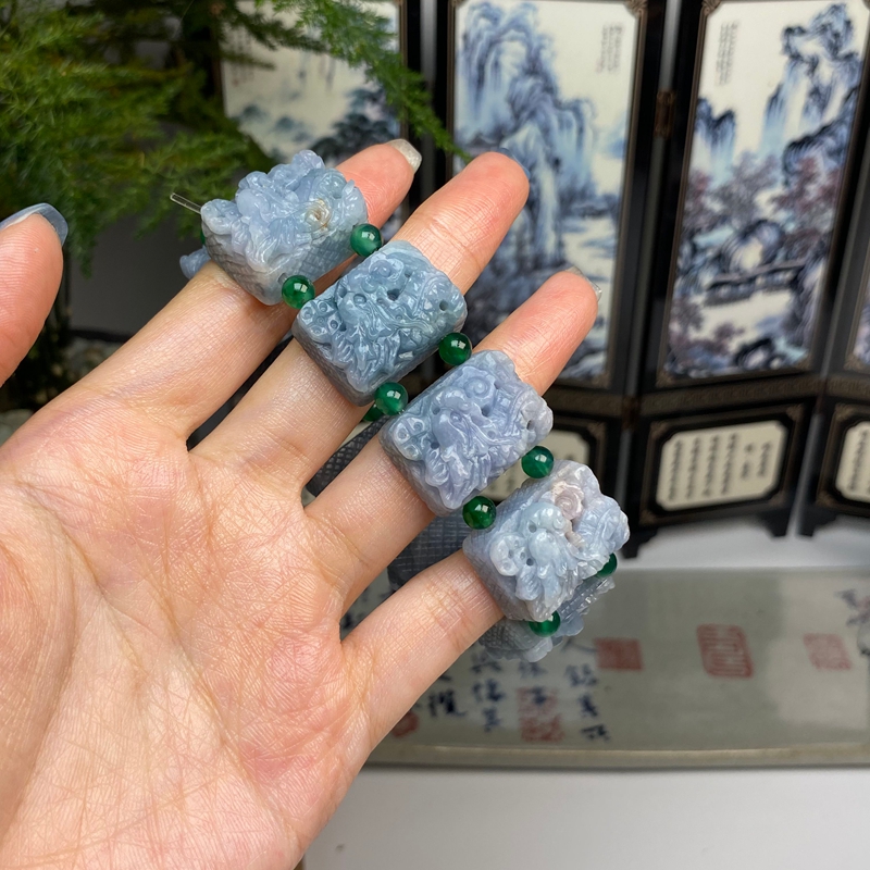 毛货  蓝紫紫罗兰洒金飘花九龙方形手牌手串 天然翡翠A货 