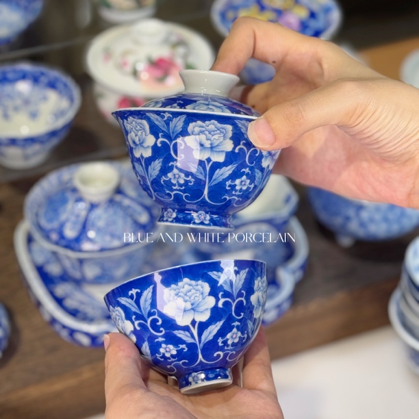 青樵轩暗夜玫瑰盖碗纯手绘古风设计感蓝韵青花茶具仙女茶器