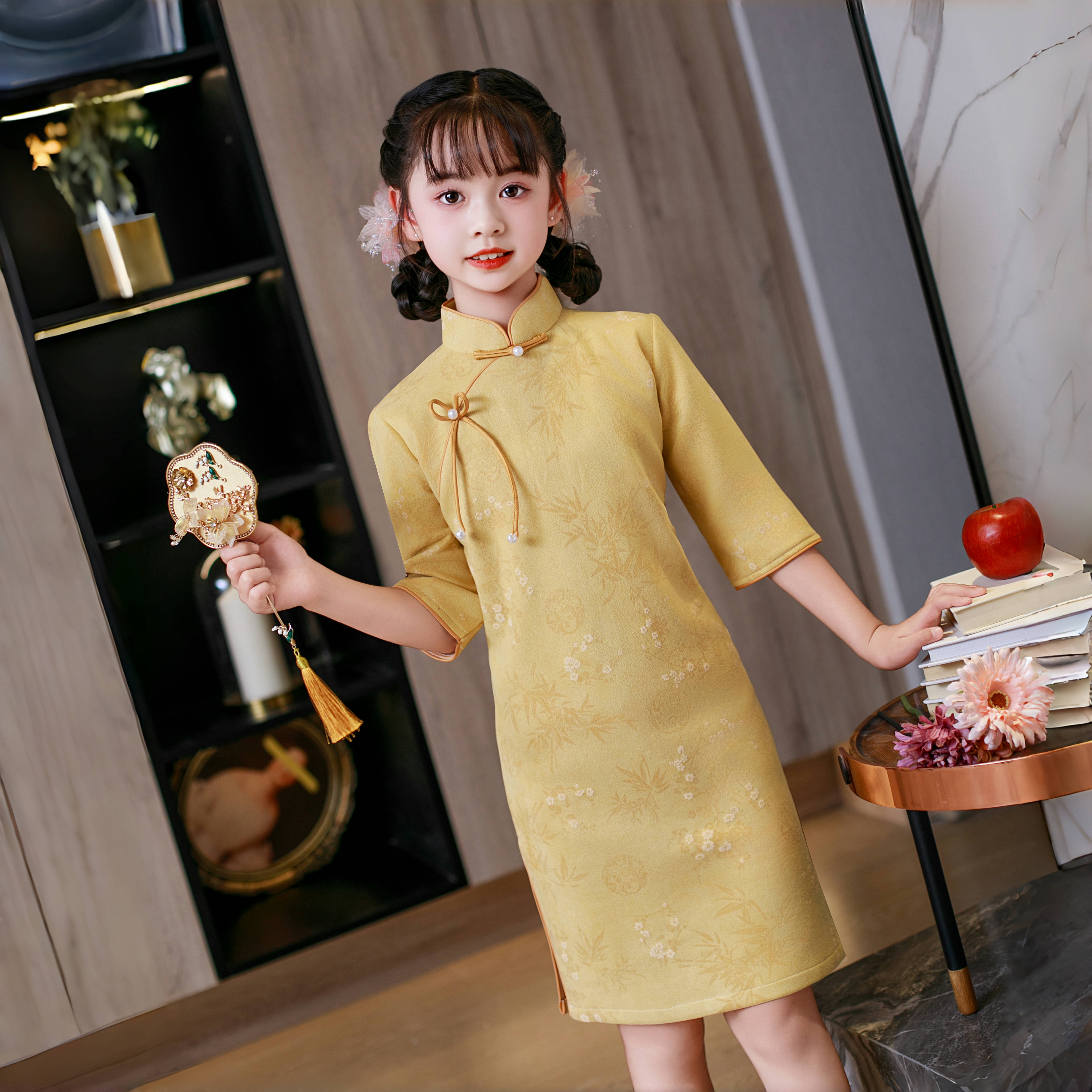C9011儿童旗袍新国风女童2025秋季款小女孩绿色中式七分袖中长款