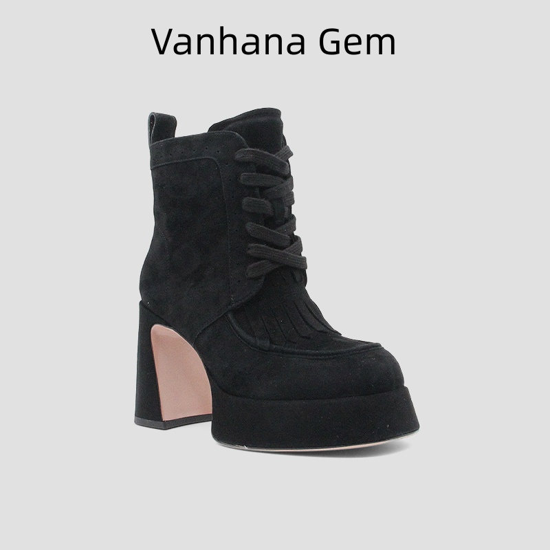 VANHANA GEM真皮牛反绒皮时装靴高跟防水台女靴英伦时尚粗跟靴